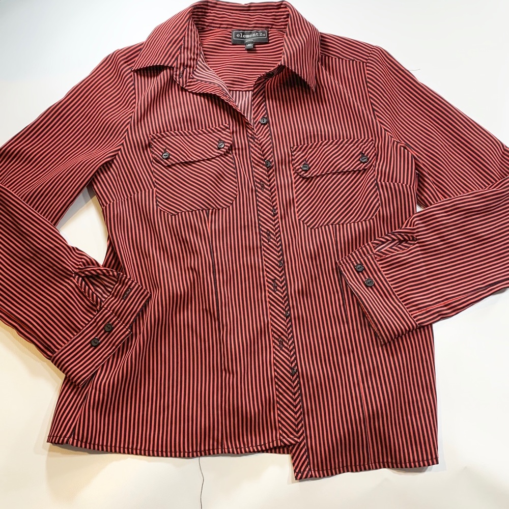 Elementz | Stripped Button Down Shirt Petite Black and Red Deep Burnt Orange - Picture 2 of 9